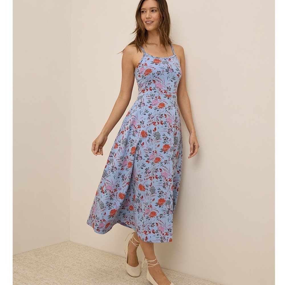 PACT Fit & Flare Midi Dress Medium Nightfall Blooms Blue Floral Organic Cotton